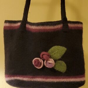 Elegant Floral Wool Tote Bag - Black and Pink